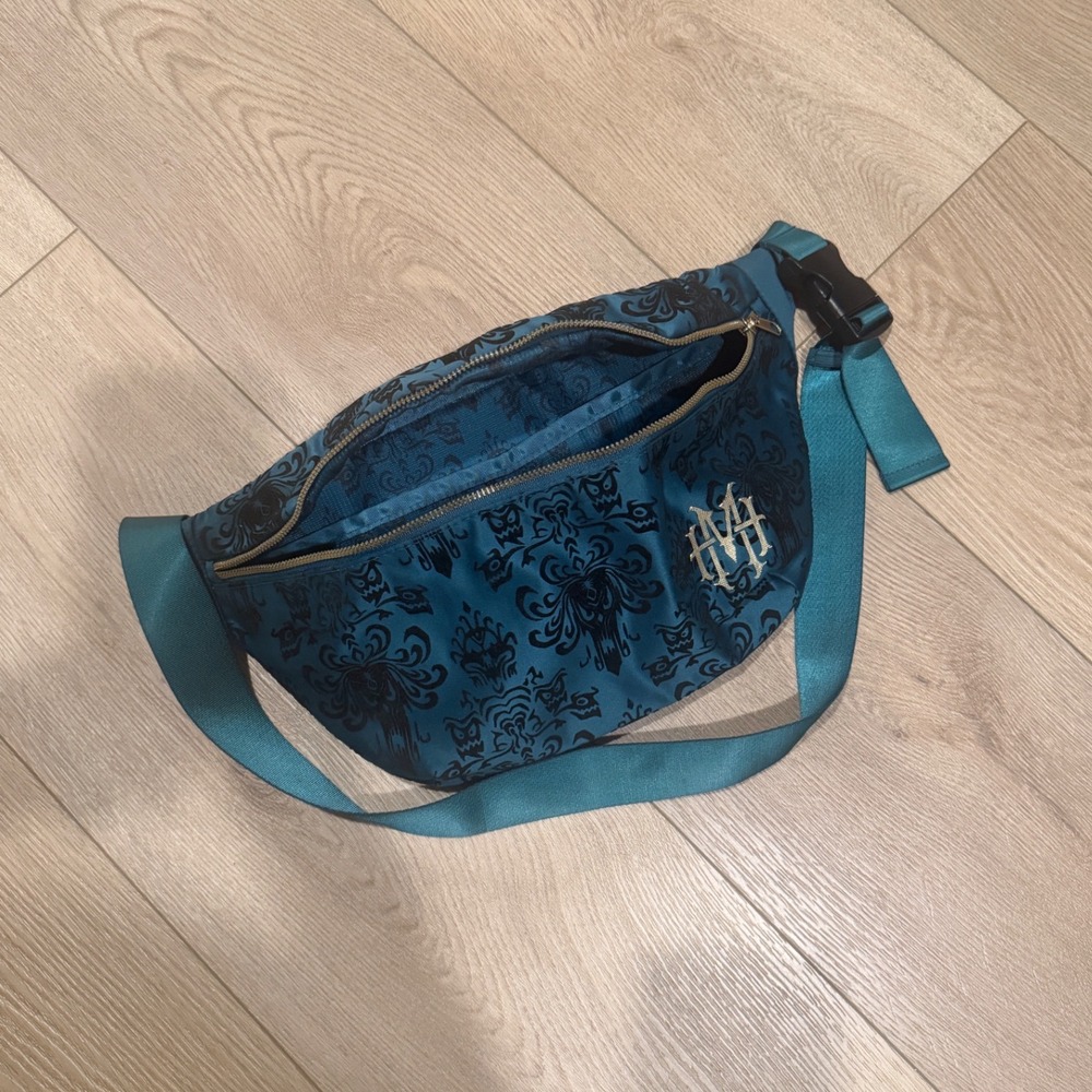 Disney Haunted Mansion Oversized Damask Wallpaper Belt Bag Crossbody Teal Black